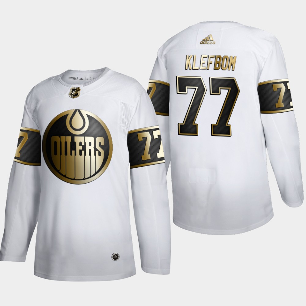 Edmonton Oilers #77 Oscar Klefblom Men Adidas White Golden Edition Limited Stitched NHL Jersey->new jersey devils->NHL Jersey
